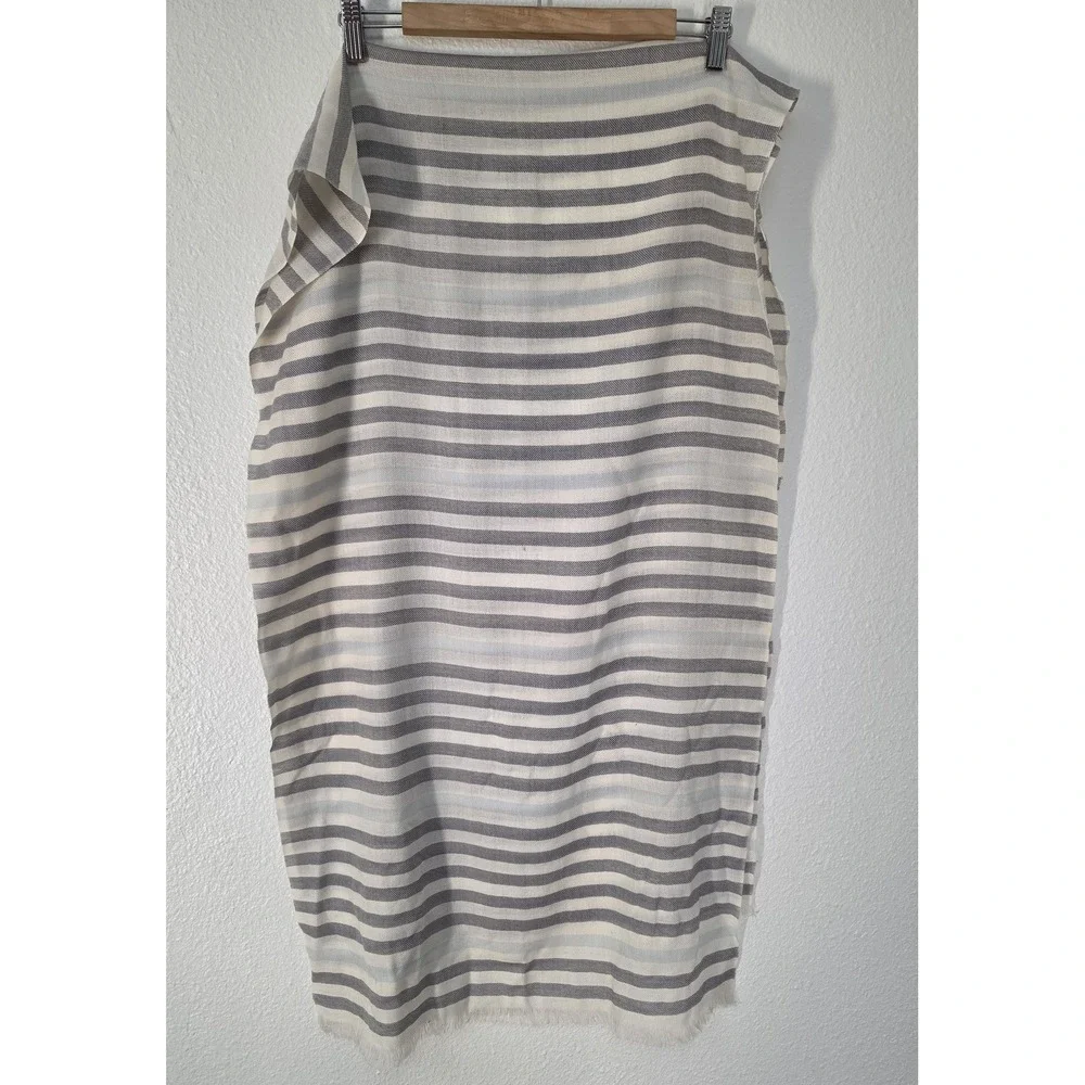 J.Crew Wool Scarf Grey White Striped Rectangle Wrap Shawl Stole Classic